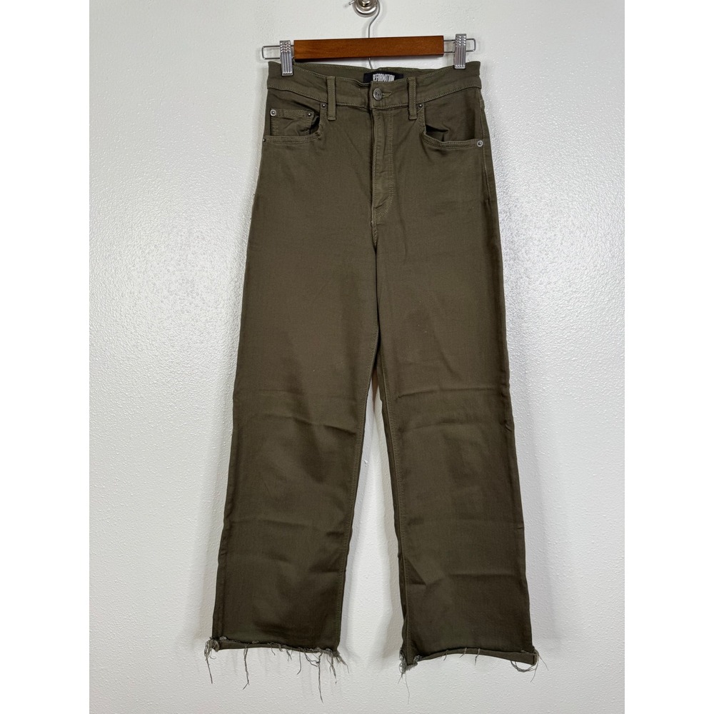 Reformation Stretch Flood Jeans Army Green Wide Leg Raw Hem Pants Size 26